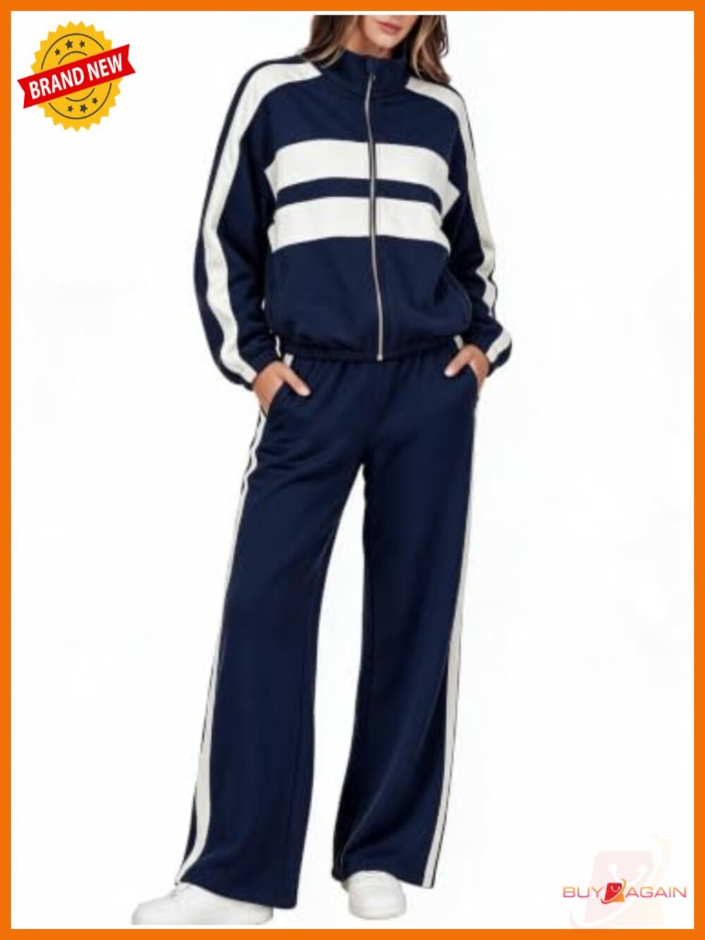 Cotton Blend Zip Jacket & Wide Leg Pants Lounge Set